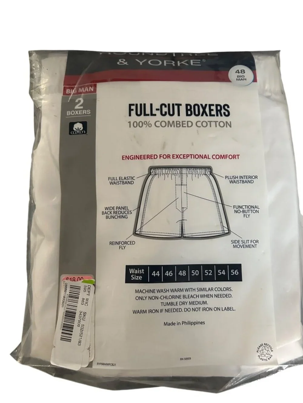 Roundtree & Yorke Men Full-Cut Boxers 2-Pack Big Man 48 100% Combed Cotton White
